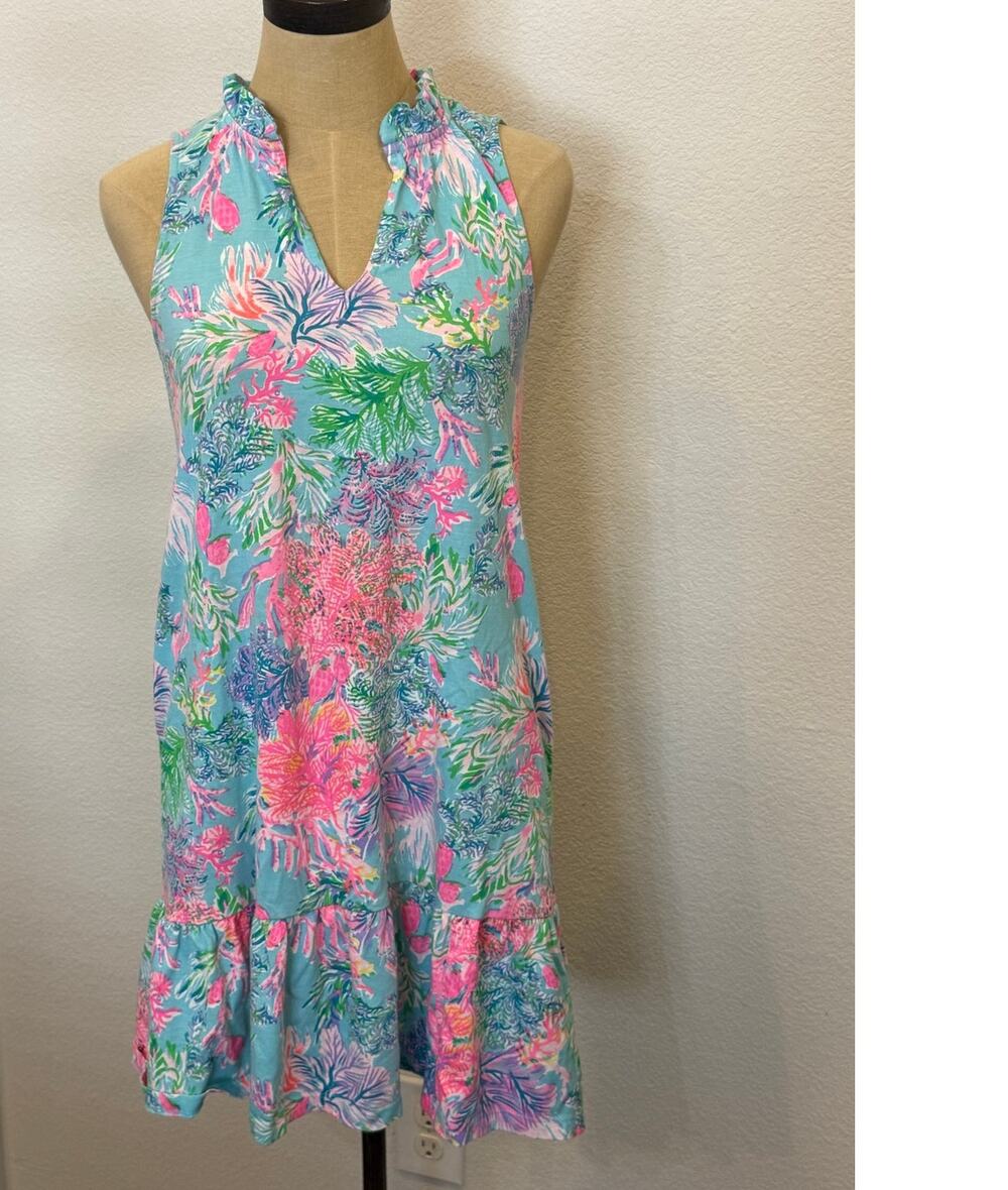 Lilly Pulitzer Sundress Shift Dress Tropical Floral Pink Blue Women size XS